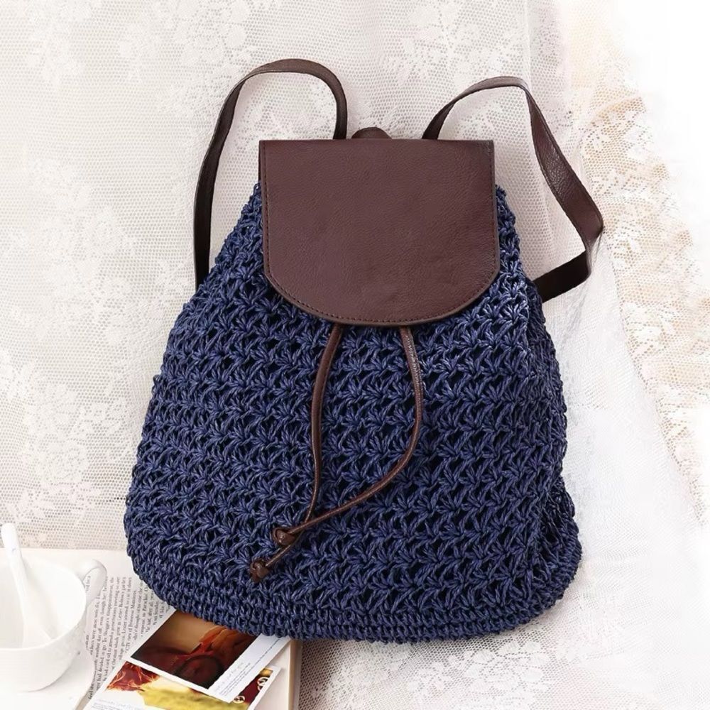 Cappelli Straworld Navy Crochet Toyo Backpack with Brown Leather Accents